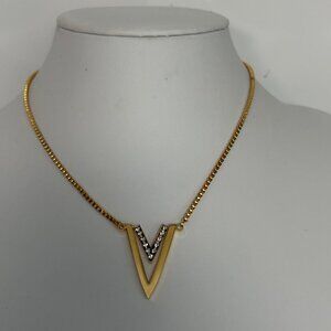 18K Gold Plated V Pendant Necklace Clear Rhinestones 16 inch Costume Jewelry NEW